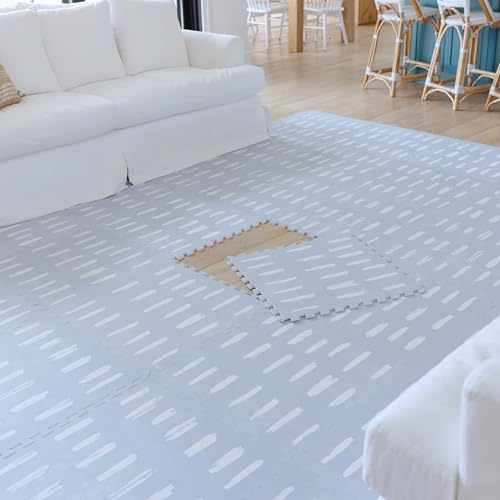 Little Landings Baby Play Mat for Floor - Shoreline (6x8ft) - Interlocking EVA Foam Play Mat Tiles for Babies & Toddlers, Non-Toxic Playmat for Tummy Time, Crawling & Playroom - Rug-Look Design - color: Shoreline - Misty Blue, size: 6x8 ft