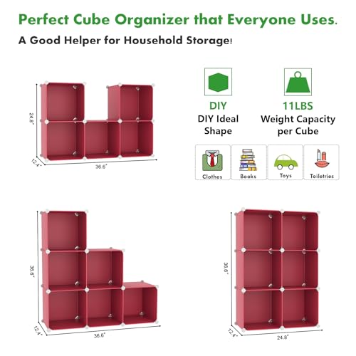 C&AHOME 6-Cube Storage Organizer Cube Shelf Closet Storage Bookcase, Red | Stackable Cubby Storage, Bookshelf, Portable Plastic Storage Closet Organizer, DIY Modular Shelving Units for Home, Wardrobe - color: Red