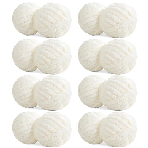 HOMBYS Cream White Chunky Chenille Yarn for Hand Knitting,Fluffy Soft Jumbo Yarn Crocheting,Super Bulky Big Yarn for Chunky Blanket,Large Thick Arm Knitting Yarn,8 Pack Plush Fuzzy Yarn - color: Cream White