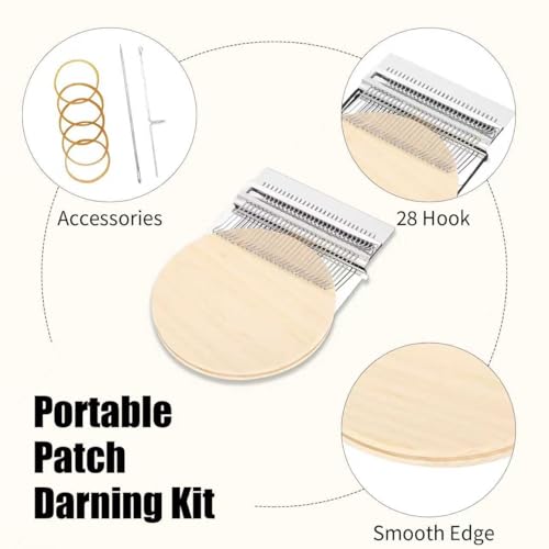 Knit Patch Kit - PatchMaker 2.0 Kit, Mini Darning Loom, Sewing Craft Supplies, Knitting Kit for Beginners, Patchwork Weaving Tool Set for Quickly Sewing Repair on Jeans, Socks and Clothes (28 Hooks) - size: 28 Hooks
