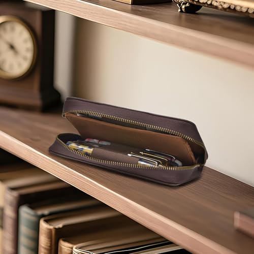 Fountain Pen Leather Pen Case 10 Divided Slots, Rollerball Pen Holder Handmade Display Organizer Zippered Pouch - color: Coffee
