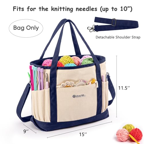 Canvas Yarn Storage Organizer Bag Washable Crochet Bag with Pockets for Yarn, Hooks, Needles – Travel Knitting Tote for Crafters – Gift for Crocheters & Knitters (Medium/Large) - color: Navy, size: Large-15”