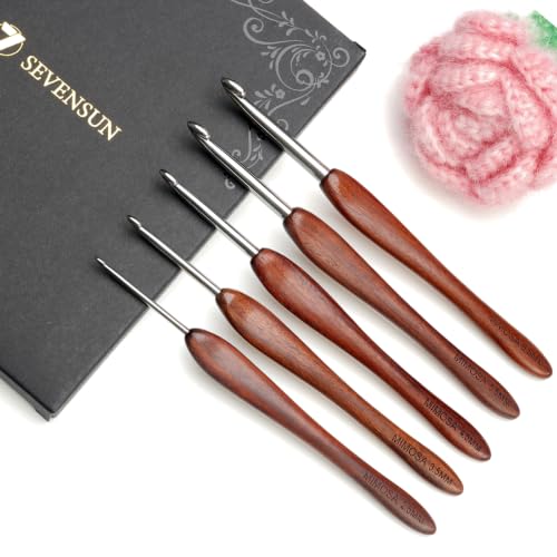 SEVENSUN Mimosa Crochet Hooks Set 5 Pack of 2.5mm 3.5mm 4.5mm 5.5mm 6.5mm Crochet Hook, Hand Polished Ergonomic Crochet Hooks, Stainless Steel Crochet Hook, Wood Handle - size: Set 5 Pack of 2.5, 3.5, 4.5, 5.5, 6.5mm