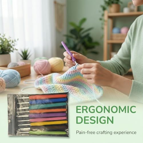 9 Pcs Ergonomic Crochet Hook Set, Soft Comfort Grip Handles, Smooth Knitting Needles for Beginner & Experienced Crocheters, Easy DIY Craft Tools