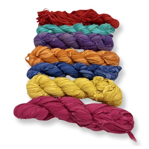 100% Recycled Saree (Sari) Silk Ribbon Yarn - Bulky Weight - 50 Yards per 100 Grams | Knitting & Crocheting | Jewelry Making, Gift Wrapping and Weaving (Reef Green) - color: Reef Green