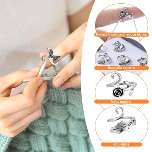 HUISUYTON 9PCS Crochet Ring for Finger with 30 Stitch Markers & 6 Needles | Adjustable Crochet Tension Ring, Yarn Rings for Crocheting Knitting Gifts for Women - color: Silvery
