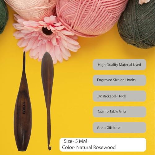 Handcrafted Wooden Crochet Hooks with Bag, 4 MM to 10 MM | Comfortable Grip | Smooth Finish & Ergonomic Design | Galaxy Indiacraft (Natural Rosewood, 5MM) - color: Natural Rosewood, size: 5MM