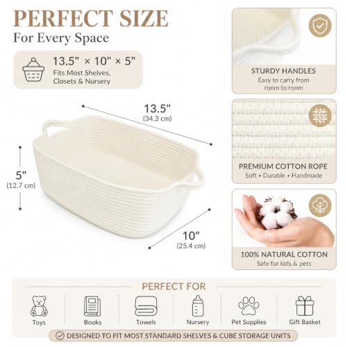 XUANGUO Medium Woven Cotton Rope Storage Basket with Handles, White | Small decorative rectangle storage bin for baby nursery items and cat toys; ideal as an empty gift basket or dog toy basket - color: white