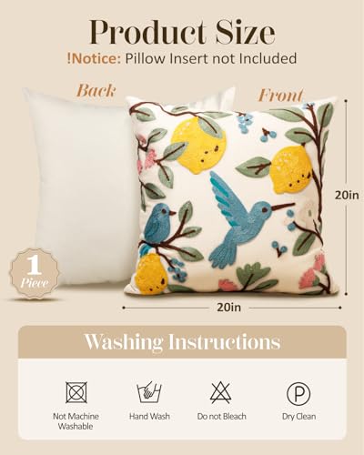 Embroidered Throw Pillow Cover 20x20 Inch, Bird Lemon | Decorative Pillow Cover, Farmhouse Cushion Case with Hidden Zipper, Cottagecore Decor for Couch, Sofa, Living Room, Bedroom - color: Bird Lemon, size: 20" x 20" (Pack of 1)