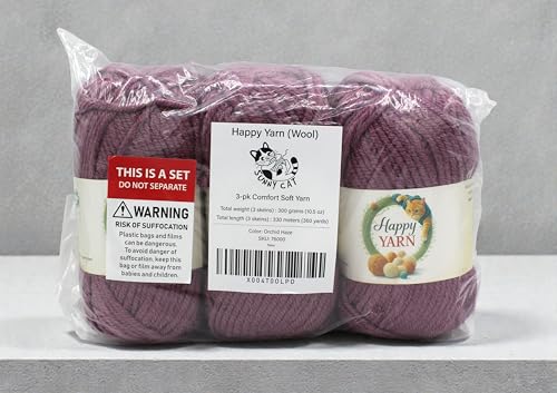 Sunny Cat Happy Yarn, Wool Set of 3-100g/3.5oz Each - #5 Bulky - Knitting and Crocheting Yarn, Made in Turkey (Orchid Haze 76000) - color: Orchid Haze 76000
