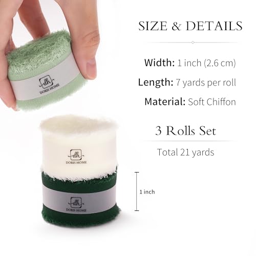 DORIS HOME Handmade Fringe Chiffon Ribbon 1" x 21Yd Green & Cream | Fabric Ribbon, For Flower Bouquet/Gift Wrapping/Wedding Invitations/Christmas Decorations/Party Decor - color: Green and Cream