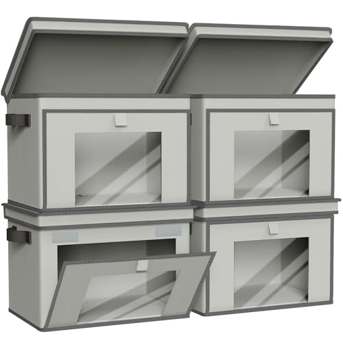 Univivi Front Opening Storage Bins with Lids for Home, Gray, 4 Pack | Foldable Fabric Storage Boxes, Large Closet Organizers and Storage with Clear Window & Handles for Clothing Storage - color: Light Grey, size: 16.5''-4 Pack