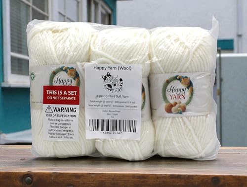 Sunny Cat Happy Yarn 50% Wool Yarn for Knitting & Crochet 3 x 3.5oz/100g, #5 Bulky Weight 3 x 120 Yards Soft Yarn for Sweaters Hats & Scarves Made in Turkey (Snow Pearl 70187) - color: Snow Pearl 70187