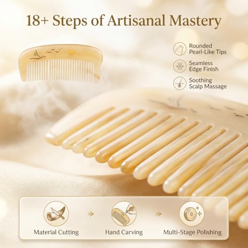 TAN MUJIANG Handmade White Horn Hair Comb for Women, Natural Anti Static Detangling Comb, Portable Travel Comb for Fine, Straight & Wavy Hair, Premium Gift Box Included