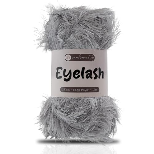 Makromecity Eyelash Yarn – Fuzzy Fun Fur Yarn, 3.53 Oz (100g) 150 yd (140m), Weight 3 Light, Premium Polyester Novelty Feather Yarn for Scarves, Amigurumi, Plush Toys & Craft (Grey, 1 Skein) - color: Grey, size: 1 Skein