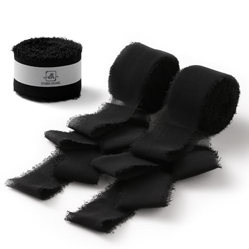 DORIS HOME Handmade Frayed Fringe Chiffon Ribbon 1" x 21Yd Black | Fabric Ribbon, For Flower Bouquet/Gift Wrapping/Wedding Invitations/Halloween Decorations/Party Decor - color: Black