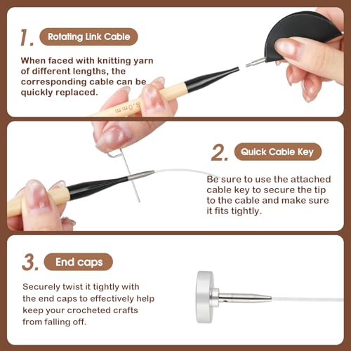 Guclud Bamboo Knitting Needles Set, 5-Inch Interchangeable Circular Knitting Needles US 4-15 (3.5-10mm),12 Pairs of Hand-Polished Circular Needles, 4 Cables, Accessories & Case (Black Tip)