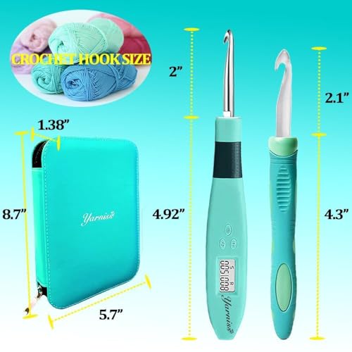 Yarniss 18 Size Counting Crochet Hooks Set with Light Handle 2.0mm~14.0mm | Digital Counter Crochet Hook with Metal Head,Glow In Dark Better for Night Crocheting - color: Turquoise-18 Size with Light & Counter