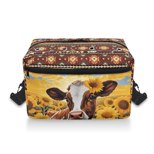 Fuxowvby Sunflower Cow Crochet Bag Tribal Print Yarn Storage Organizer with Adjustable Straps Lightweight Knitting Bag Carrying Case with Holes - color: Sunflower Cow Tribal Print