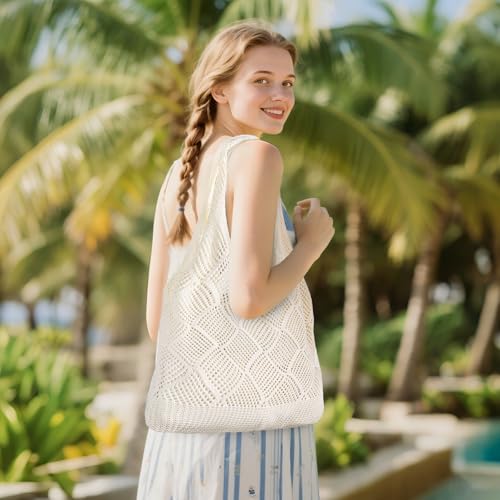 WantGor Crochet Bags, Beach Mesh Tote Bag Womens Shoulder Shopping Handbag | Casual Travel Totes Bag Foldable Hobo Bags - color: Beige Apricot