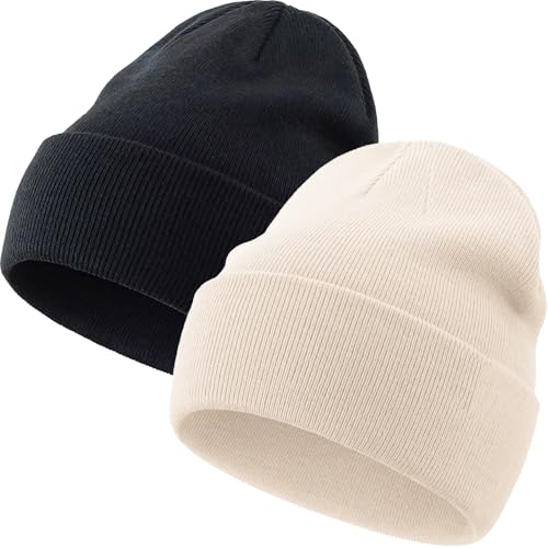 100% Cotton Beanie Hat Winter Hats Women Men Warm Knit Beanies | Double Layer Warmth ,Ultra-Soft Itch-Free Pure Cotton Knitted, Cuffed & Uncuffed Fisherman Slouchy Skull Cap for Womens Mens - color: 2pcs-(black + Beige)