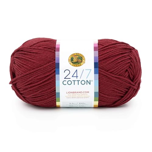 Lion Brand Yarn, 24/7 Cotton Mercerized Lightweight Yarn for Knitting, Crochet, and Crafts, Burgundy, 1 Pack, 185 Yards of Natural Fiber for Breathable Tops, Durable Bags, and Easy-Care Dish Cloths | Light Worsted 100% Mercerized Cotton Yarn for Crochet,