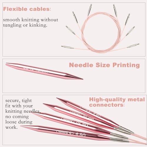 Svartur 3in Interchangeable Circular Knitting Needles Set, Short Interchangeable Knitting Needles with 4 Assorted Cables, Accessories and Case, 9 Pairs, Pink - color: Pink-3in-9 Pairs