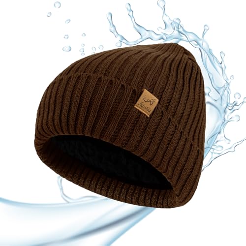 ACUSHLA Waterproof Windproof Winter Hat for Men Women Fleece-Lined Beanie - color: Brown