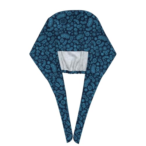 MOLIAN Dental Tooth Adjustable Working Cap Surgical Headgear for Women Men | Adjustable Tie Back Scrub Caps with Button Built-in Sweatband Working Cap for Nurses Doctors and Workers - color: Blue Microorganism