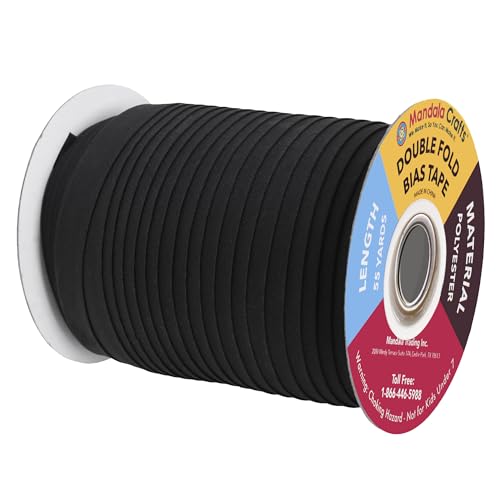 Mandala Crafts 55 Yds 1/2 Inch Black Double Fold Bias Tape for Sewing | Machine Washable Binding Tape for Quilting, Hemming, Seams, Fabric Piping, All Fabrics & Denim, Indoor & Outdoor - color: Black, size: 1/2 Inch 55 Yards