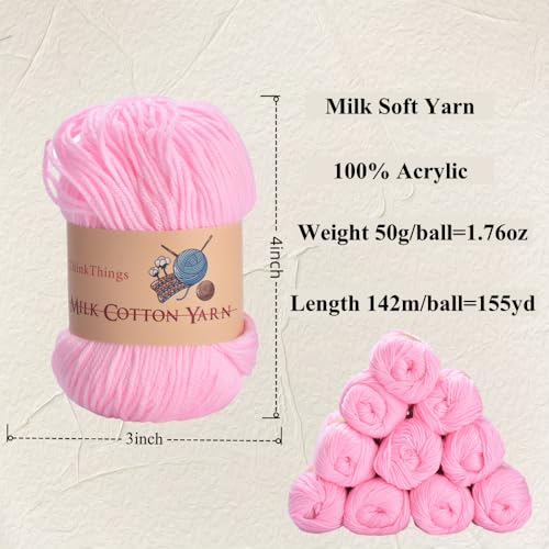Acrylic Yarn for Crocheting Bulk, DIY Knitting Light Pink Yarns Large 10Balls Pack 17.6oz, Weaving Knit Tool Pink Crocheted for Beginners - color: light pink