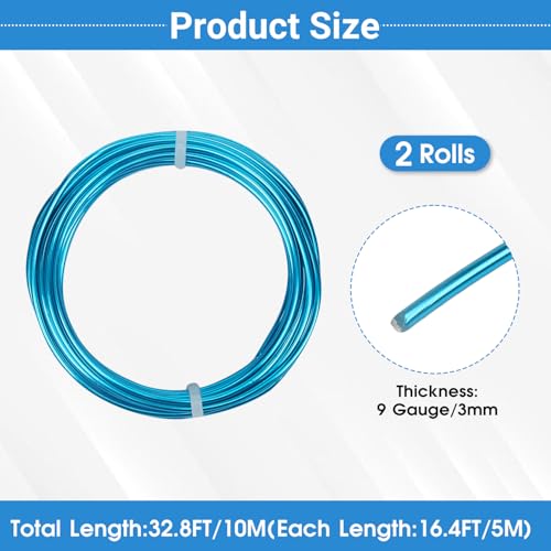 2 Rolls Aluminum Craft Wire, 9 Gauge (3mm) Flexible Metal Wire for Jewelry Making, 32.8 Ft (16.4 Ft/Roll) Bendable Armature Wire for Bonsai, Sculpting and DIY Crafts [Aqua Blue] - size: 9Gauge 16.4Ft Each, style: Aqua Blue