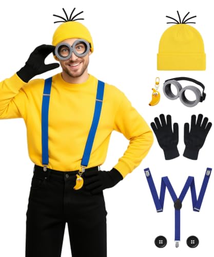 Cartoon Character Costume Accessory Kit Adult Men Women Halloween Costumes | Funny Easy Halloween Costumes Accessories Beanie Hat Goggles Gloves Banana Keychain for Birthday Themed Party Dress Up Set - color: Yellow - 6pcs