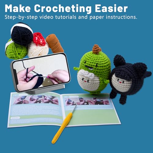 EOKPHULL Crochet Kit for Beginners, Easy Crochet Animal Set Knitting Kit for Adults with Step-by-Step Video Tutorials and Paper Instructions - color: Dinosaur, Cat