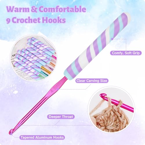 Coopay Warm Crochet Hooks Comfort Grip Longer Aluminum Crochet Hook Set | 9pcs 2.0mm-6.0mm(B-J) Smooth Crochets Needles Set for Crocheting, Short Purple Ripple Handle for Beginners & Arthritic Gifts - color: Short Purple Ripple