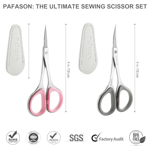 PAFASON Small Travel Sewing Embroidery Scissors Set Curve Straight Tip | Stainless Steel for Quilting Knitting Crafting Cross Stitch Crochet Thread Yarn Paper Detail Cutting Soft Rubber Handle - color: Green+pink+grey