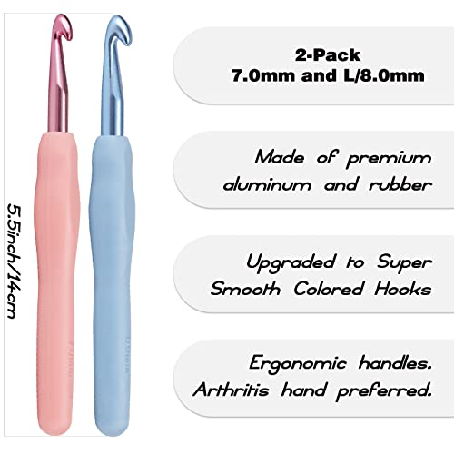 YOJOB 2-Pack Size 7.0mm, L / 8.0mm Crochet Hooks, Ergonomic Crochet Hook | Super Smooth Knitting Needles with Soft Rubber for Beginner and Advanced (7.0mm, 8.0mm) - size: 7mm, 8mm