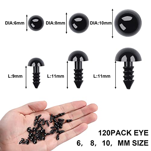 UPINS 120Pcs Plastic Safety Crochet Eyes Bulk with 120Pcs Washers for Craft | Black Plastic Eyes for Stuffed Animals, 6 to 10mm, Crochet Toy Crafters, Doll Making Suppli - size: 6-10mm