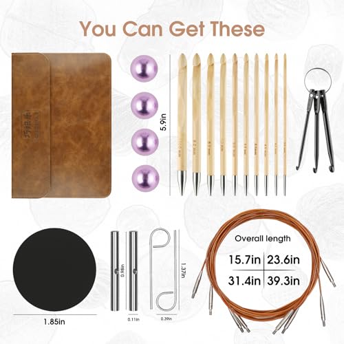 Bamboo Interchangeable Tunisian Crochet Hooks Set, 6-Inch Hooks with Cables | US E-4 to N-15, Warm Bamboo, Smooth Finish, Interchangeable Cables (16/24/32/40"), Ergonomic Grip, Tunisian & Afghan Projects