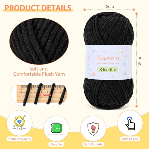 Coopay Chenille Yarn for Crochet, Medium Weight Yarn CYC #4, Black | Crochet Yarn Set - 400g Total, Soft Velvet Yarn for Colorful Crafts, Blankets, Plush Dolls, Decorative Handmade Works - color: Black, size: #4 Medium