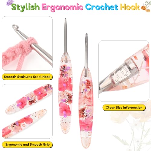 Katech 3.0mm Crochet Hook for Arthritic Hands,Hand-Polished Stainless Steel | Ergonomic Crochet Hooks with Customized Sparkle Dried Floral Grip, Smooth Tapered Hook-Crochet Gift for Beginner & Crocheter - size: 3.0mm