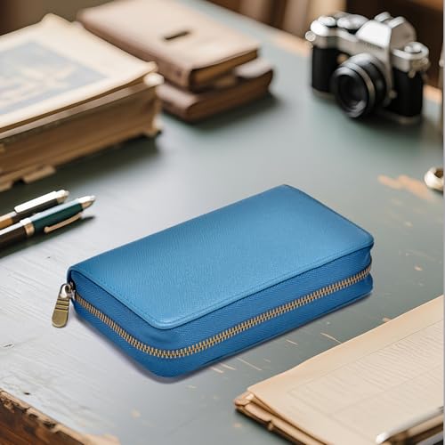 Fountain Pen Leather Pen Case 10 Divided Slots, Rollerball Pen Holder Handmade Display Organizer Zippered Pouch - color: Blue