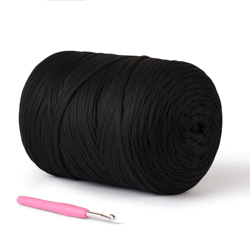 (800g/228yds) T Shirt Yarn, Soft Tshirt Crochet Yarn for Crafts and DIY Knitting Crocheting Cloth/Bag/Basket/Coaster, 100% Polyeste Elastic Fabric Chunky Thick Yarns for Crocheting（Black） - color: Black