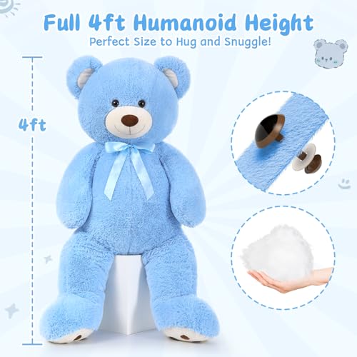 MorisMos 47inch Giant Teddy Bear Stuffed Animal 4ft, Big Teddy Bear Plush for Baby Shower, Life Size Stuffed Bear Gifts for Kids, Girls, Girlfriend, Women on Valentine, Christmas, Birthday（Blue） - color: Blue, size: 4 ft