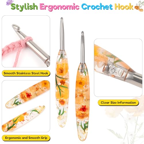 Katech 6.0mm Crochet Hook for Arthritic Hands,Hand-Polished Stainless Steel | Ergonomic Crochet Hooks with Customized Sparkle Dried Floral Grip, Smooth Tapered Hook-Crochet Gift for Beginner & Crocheter - size: 6.0mm
