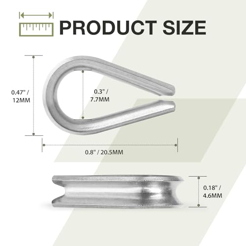 M2 Wire Rope Thimble, 304 Stainless Steel Thimble for 1/16-3/32 Inch Diameter Wire Rope, 12 Pieces - size: M2