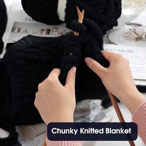HOMBYS Black Chunky Chenille Yarn for Hand Knitting,Fluffy Soft Jumbo Yarn Crocheting,Super Bulky Big Yarn for Chunky Blanket,Large Thick Arm Knitting Yarn,8 Pack Plush Yarn - color: Black