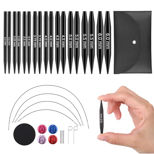 Guclud Interchangeable Circular Knitting Needle Set, 2-Inch Shorties Knitting Needles for Short Sock Knitting, Sizes US 2.5, 3, 4, 5, 6, 7, 8, 9, 10 with Small Cables, Accessories and Case, 9-Pairs - size: 2-Inch (5cm)