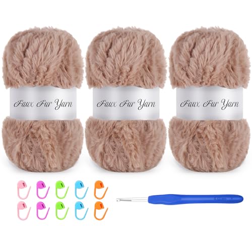 3 Skeins Faux Fur Yarn Soft Fluffy for Crocheting,Chunky Fuzzy Eyelash Yarn for Crochet Hats, Scarves, Bags, Cushions(Khaki) - color: Khaki