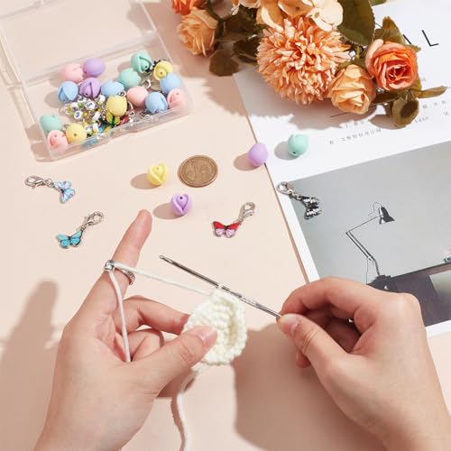 1Set DIY Knitting Tool Sets, Including Butterfly Themed Locking Stitch Markers, Counter Chains, Flower Shaped Knitting Needle Stoppers and Yarn Guide Finger Holder for Handmade Weaving, 10.43inch